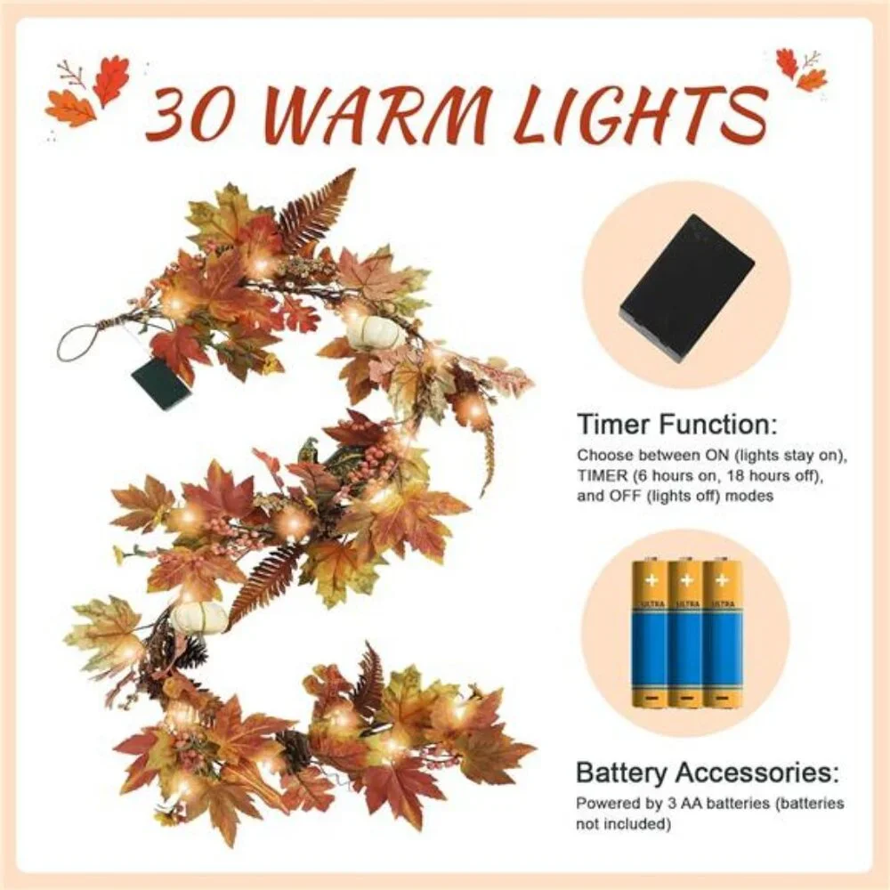 Fall Garland - 6 Ft Maple Leaf Pumpkin Berry Garland - Fall Decor